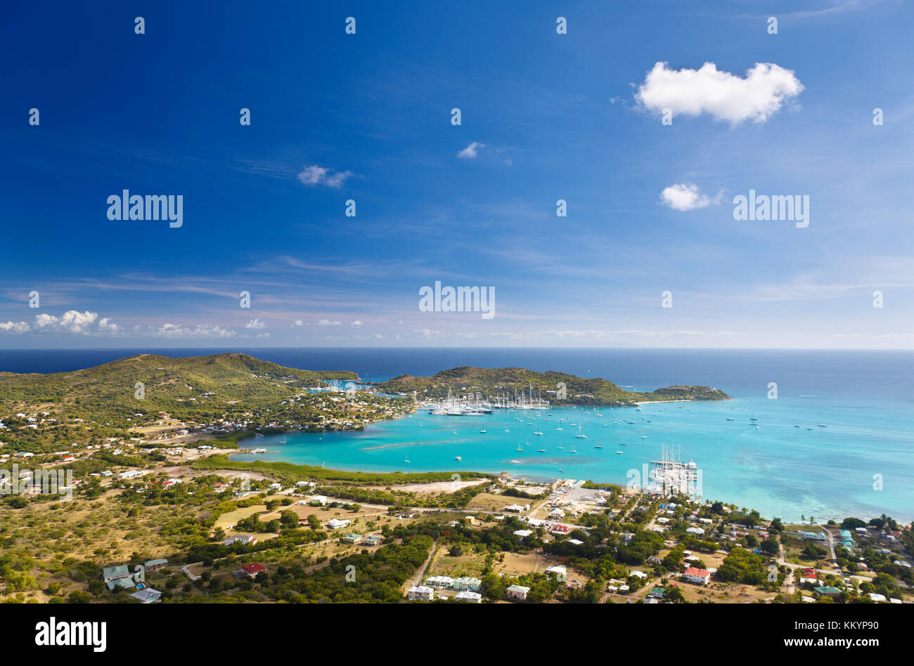 View from Monks Hill over Falmouth Harbor to English Harbor and the Caribbean Sea. Stock Photo