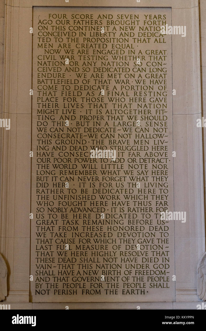 The Gettysburg Address on the walls of the Lincoln Memorial, Washington