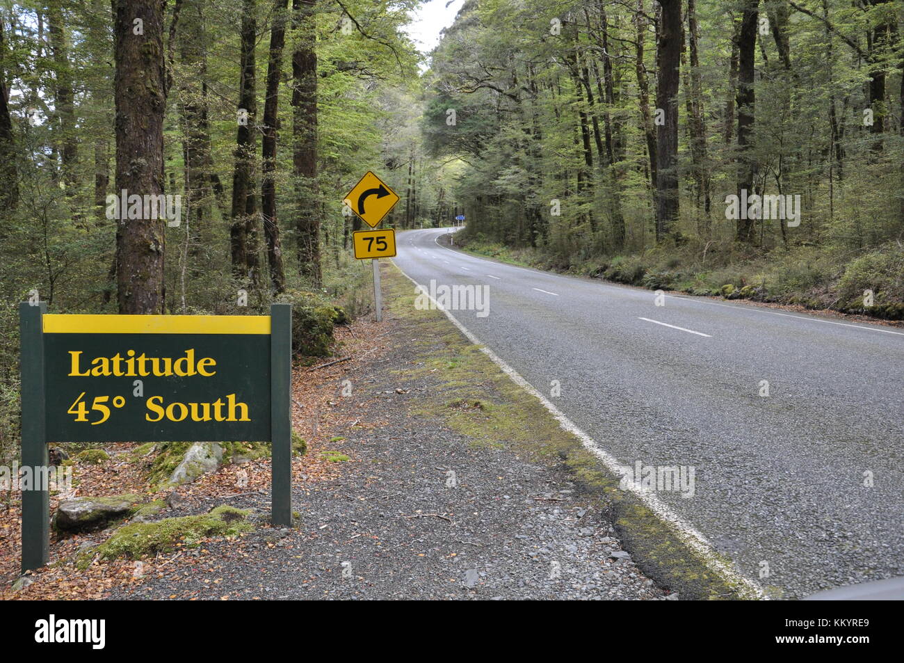 Latitude 45 degrees south road sign along the Milford Sound highway