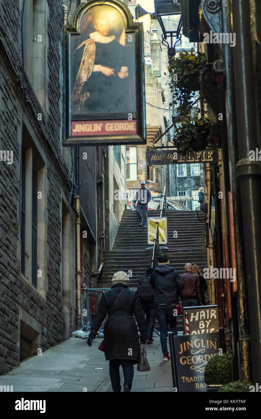 View along historic Fleshmarket Close in Old Town of Edinburgh