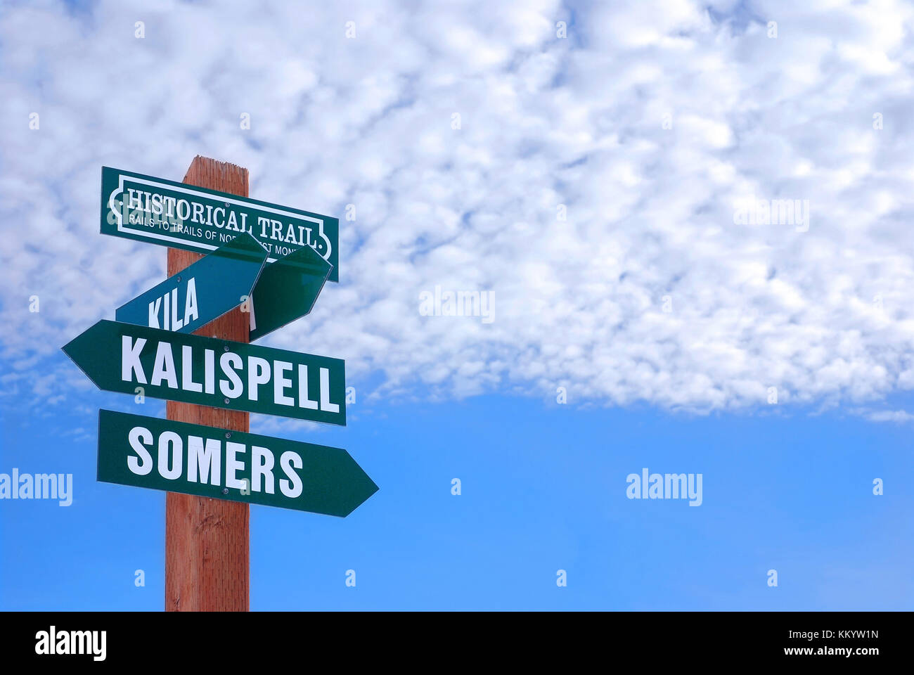 Directional sign to Kila, Kalispell, and Somers on the Rails to Trails
