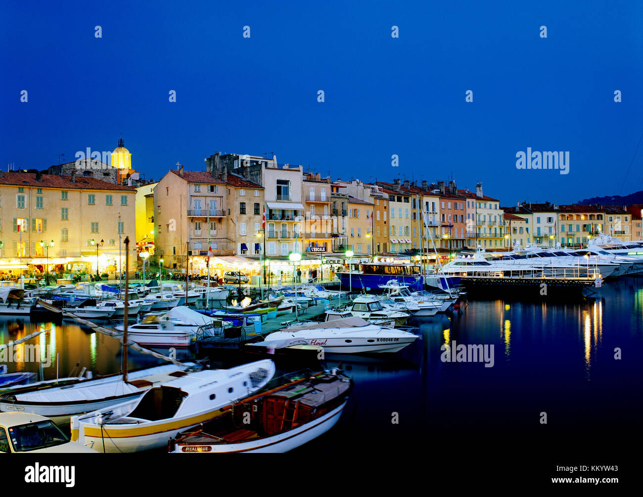 St.Tropez harbour at dusk, Cote d'Azur, French Riviera, France Stock Photo