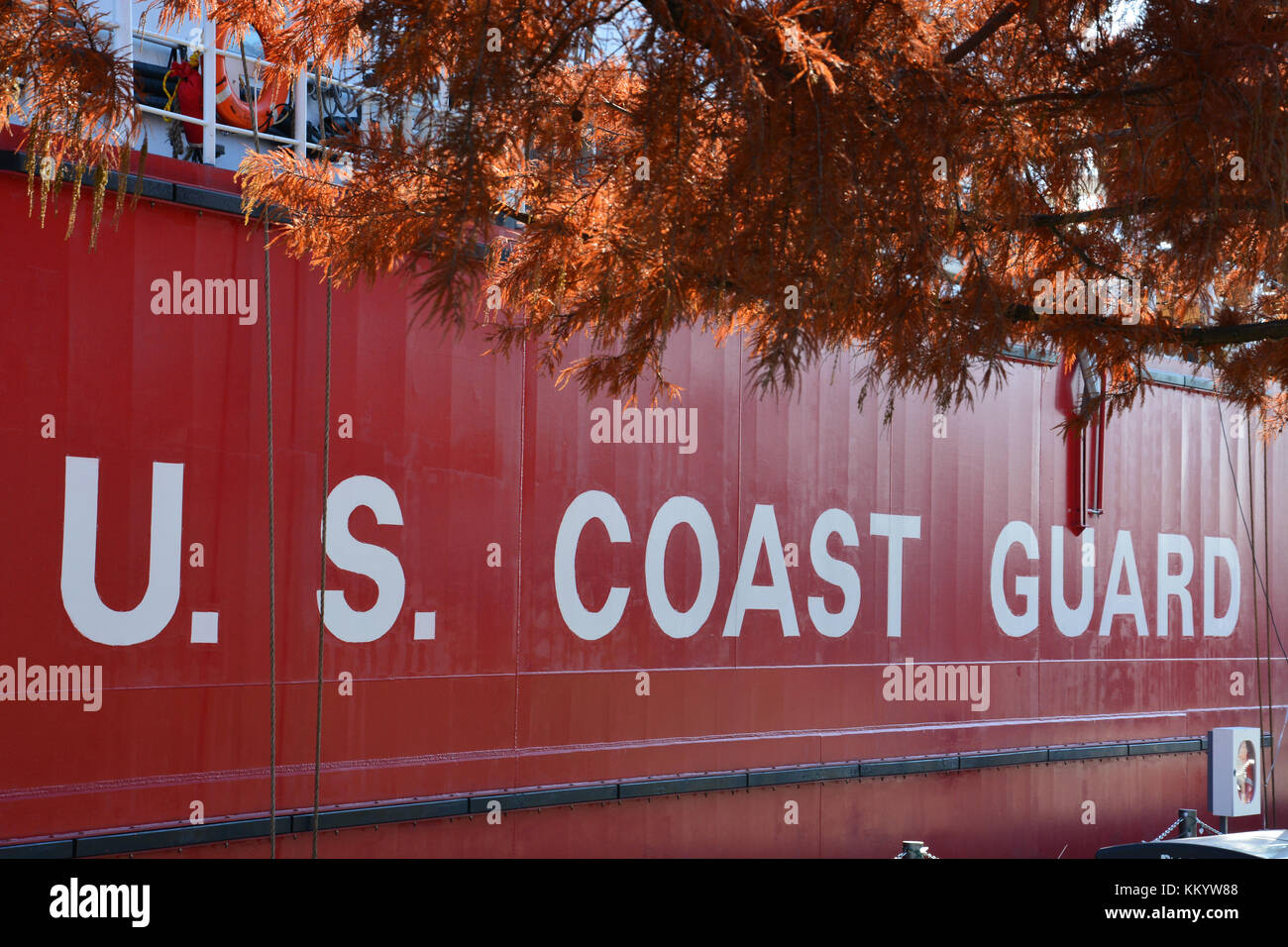 Close up of the US Coast Guard logo on the side of the Great Lakes cutter Mackinaw. Stock Photo