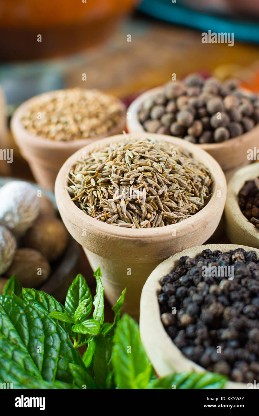 Variety of different spices with focus on ancient famous spice – dried whole cumin seeds with variety of another herbs and spices in Middle East style Stock Photo