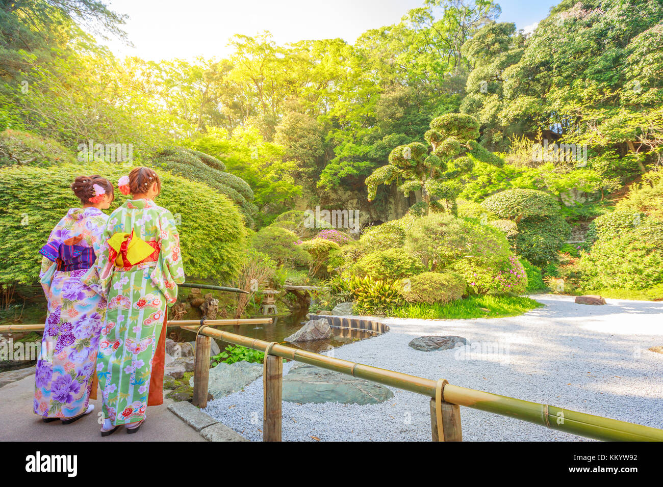 kimono women at zen garden Stock Photo