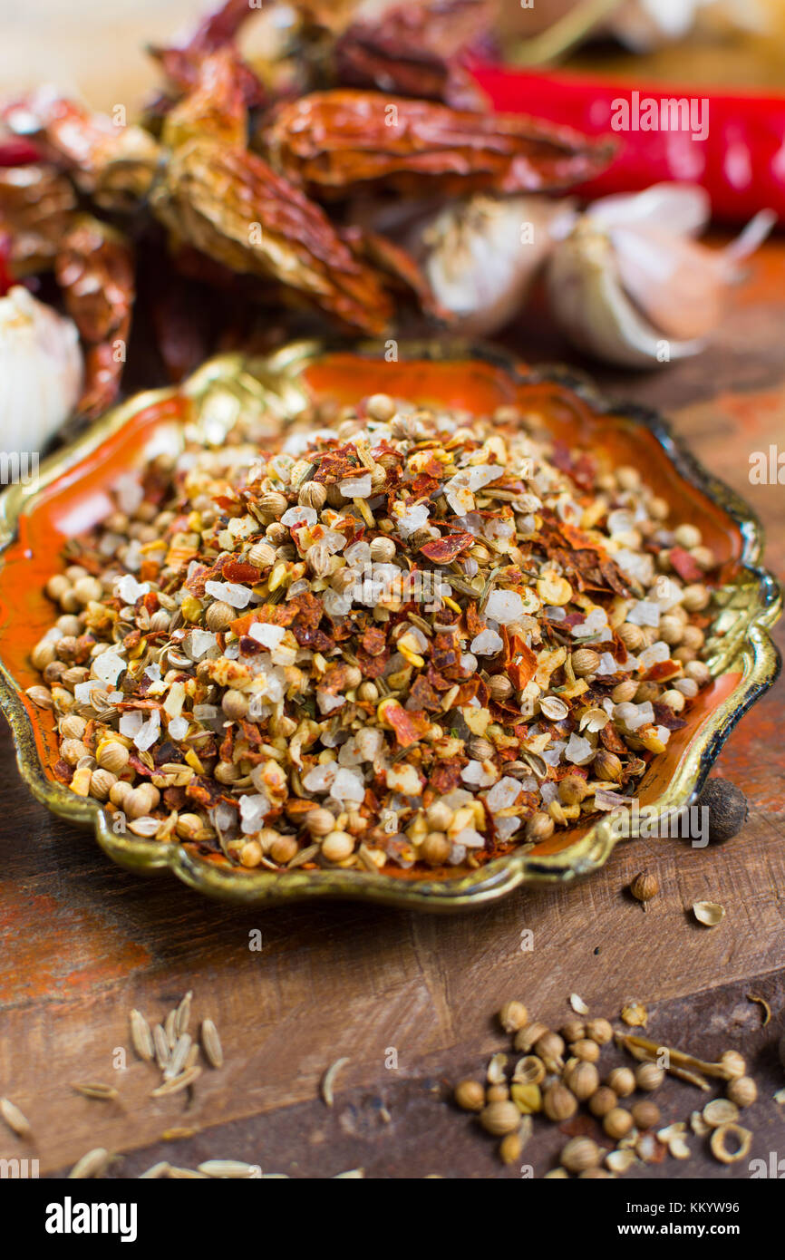 Harissa blend spice with coriander, chili pepper, garlic, salt used in