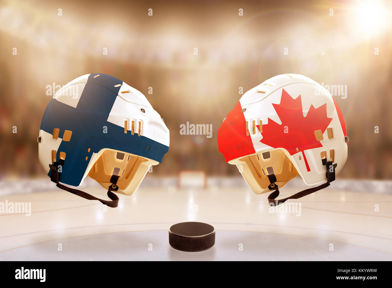 Low angle view of hockey helmets with Canada and Finland flags painted and hockey puck on ice in brightly lit stadium background. Concept of intense r Stock Photo