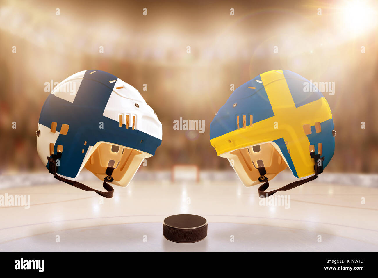 Low angle view of hockey helmets with Finland and Sweden flags painted and hockey puck on ice in brightly lit stadium background. Concept of intense r Stock Photo