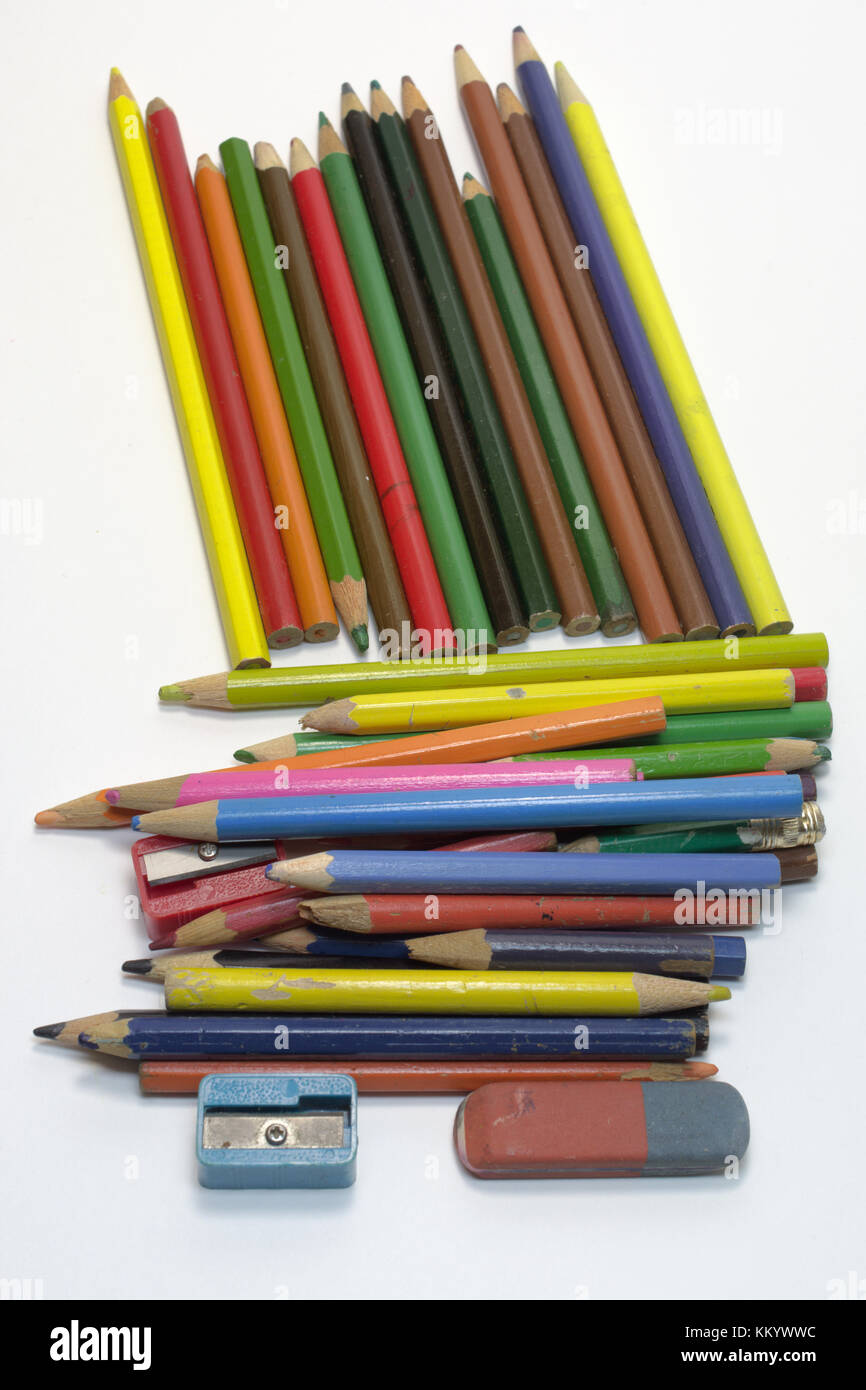 Colored Pencils With Eraser On Wooden Background Stock Photo, Picture and  Royalty Free Image. Image 185010963.