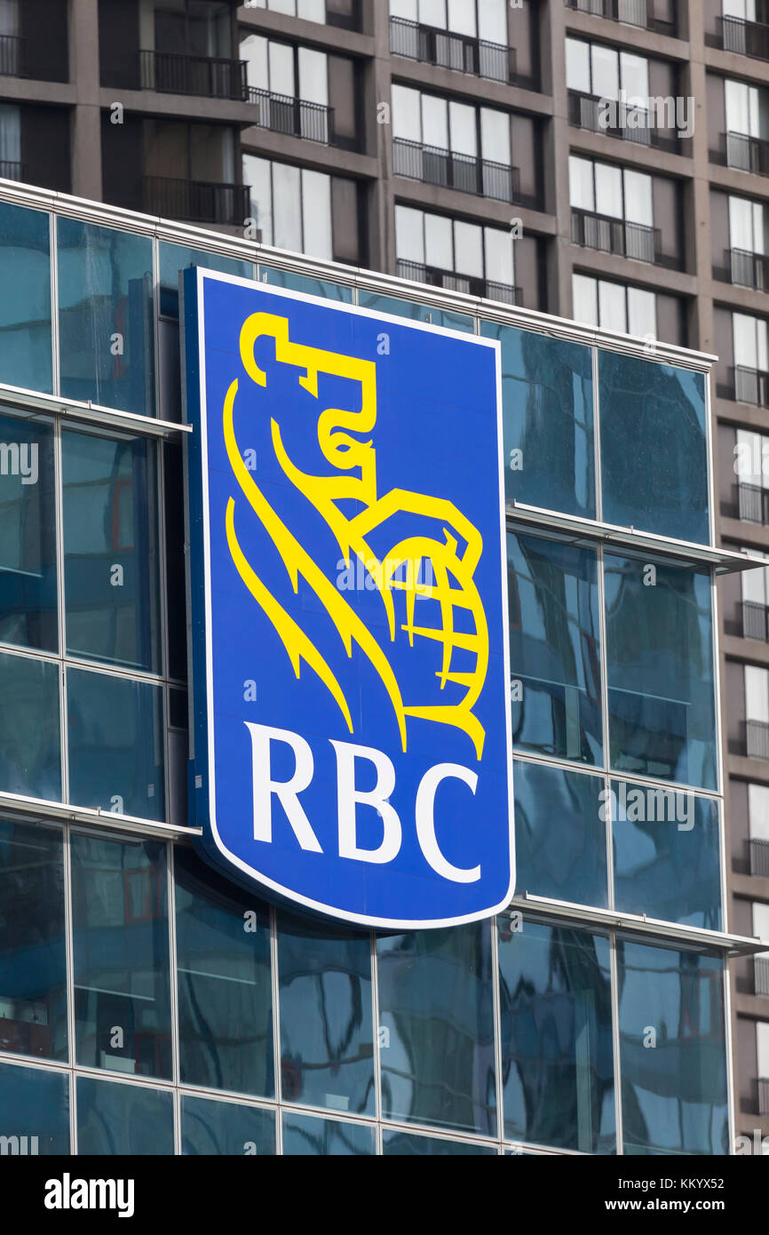 Toronto, Canada - Oct 21, 2017: RBC - Royal Bank of Canada logo on the head office building in Toronto, Canada Stock Photo