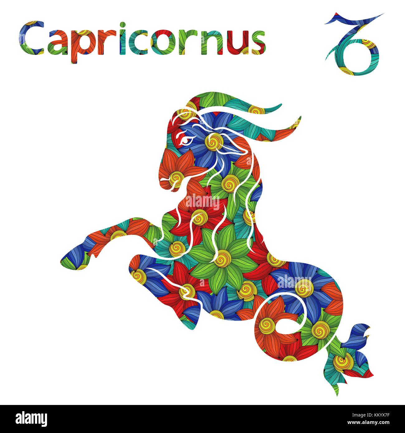 Zodiac sign Capricornus with filling of colorful stylized flowers on a white background, vector