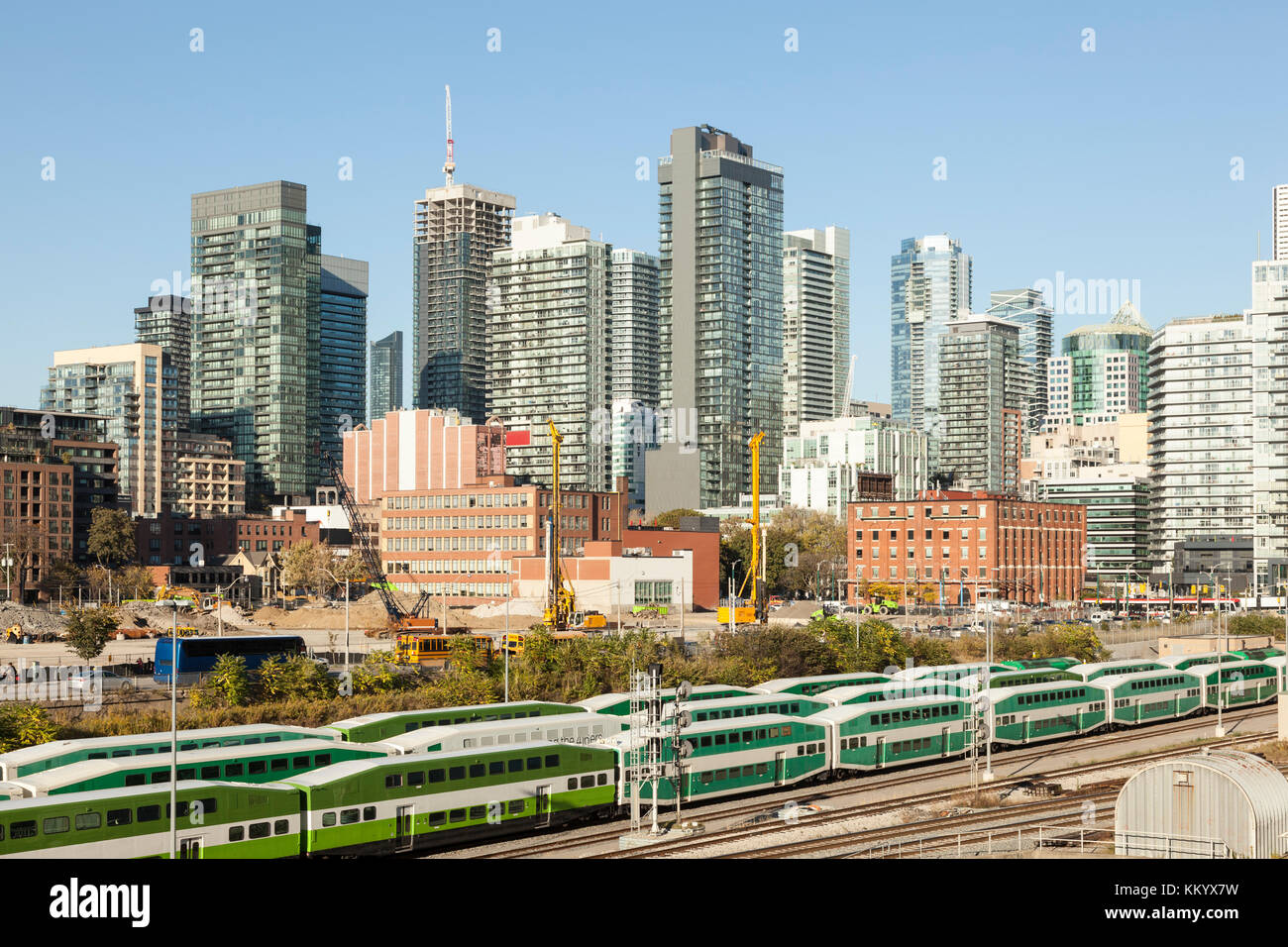 Skyline of Toronto downtown with a railroad in foreground. City of Toronto, Canada Stock Photo