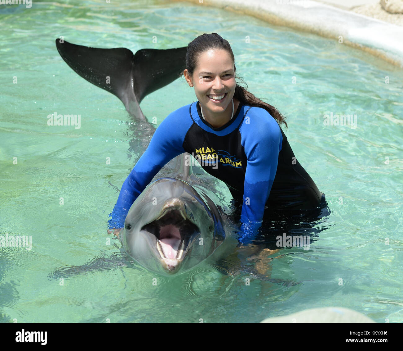 KEY BISCAYNE, FL - MARCH 18: Ana Ivanovic of Serbia swims with dolphins