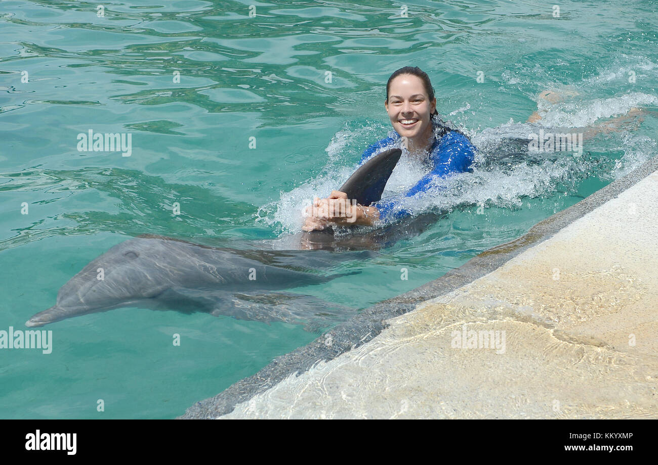 KEY BISCAYNE, FL - MARCH 18: Ana Ivanovic of Serbia swims with dolphins