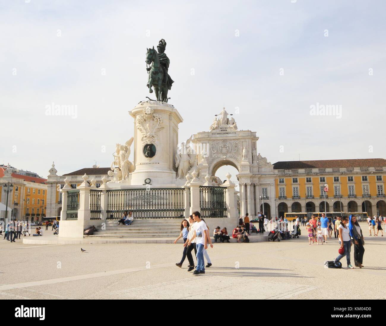 Praca Do Comercio or Commerce Square and Statue of King José I in Lisbon, Portugal Stock Photo