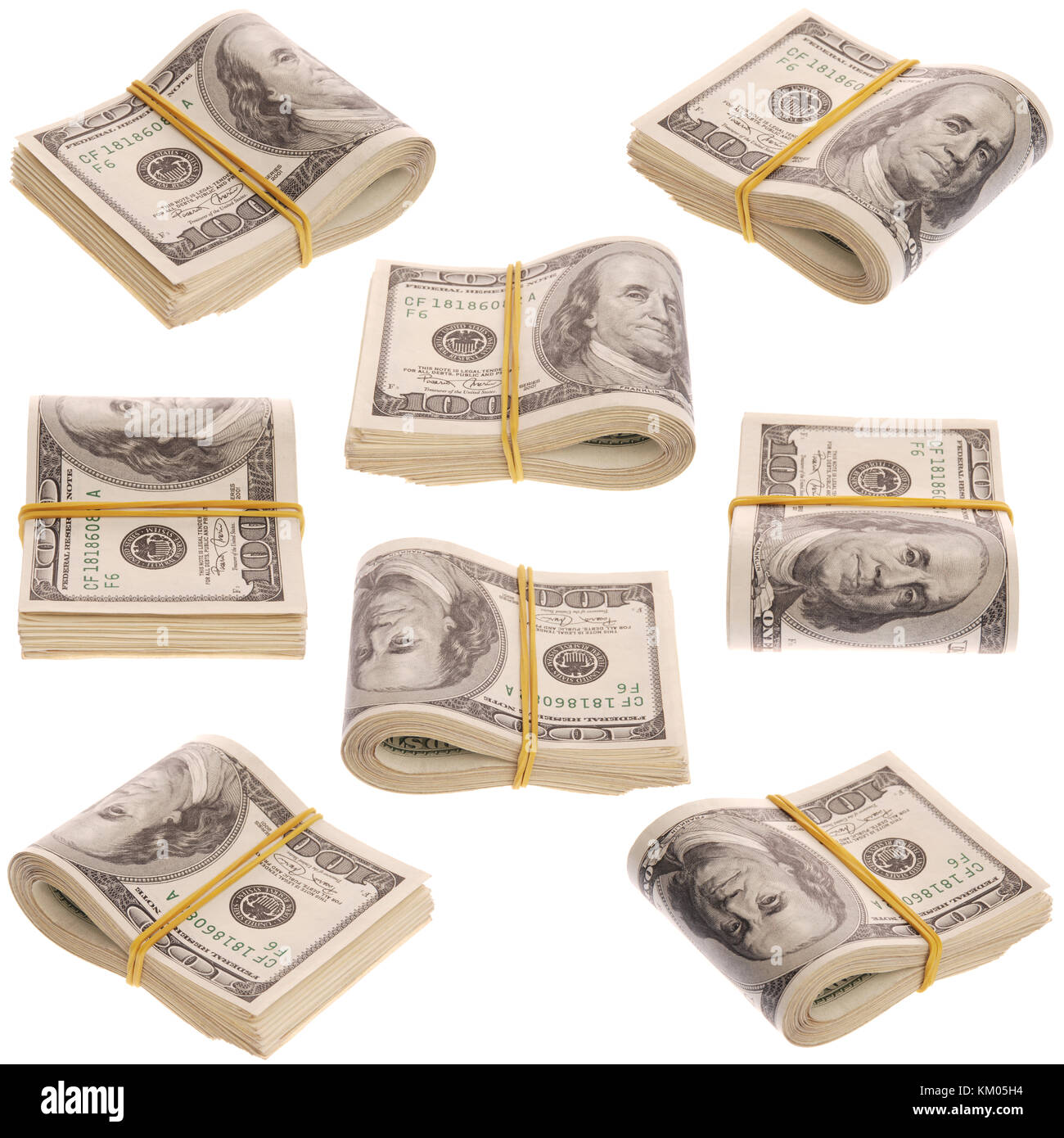 Nine pack of money on white background. Pack of bills. Pack of dollar bills. Stock Photo