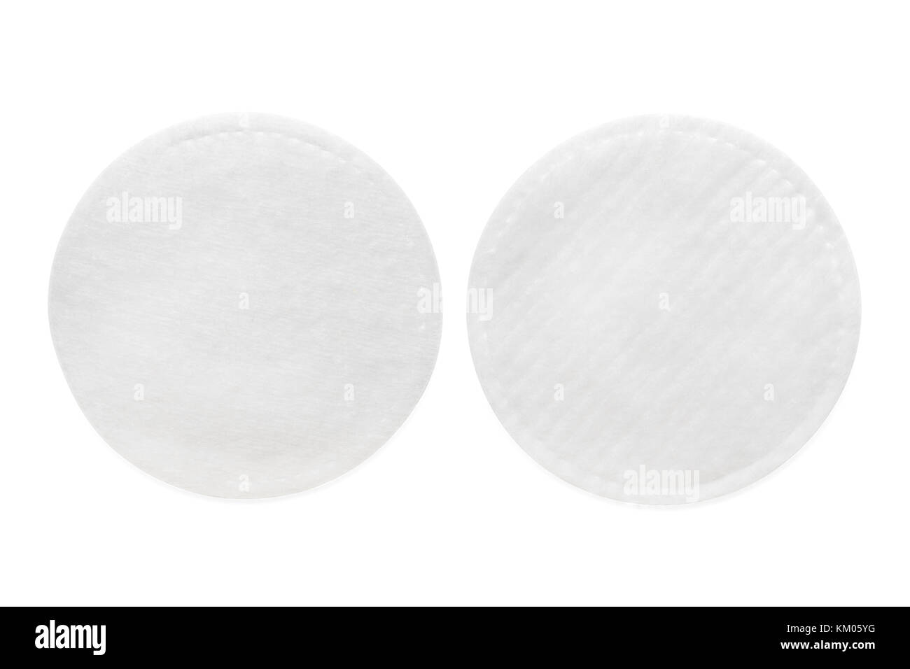 Two sides of round cotton cosmetic pad. Isolated on white, clipping path included Stock Photo