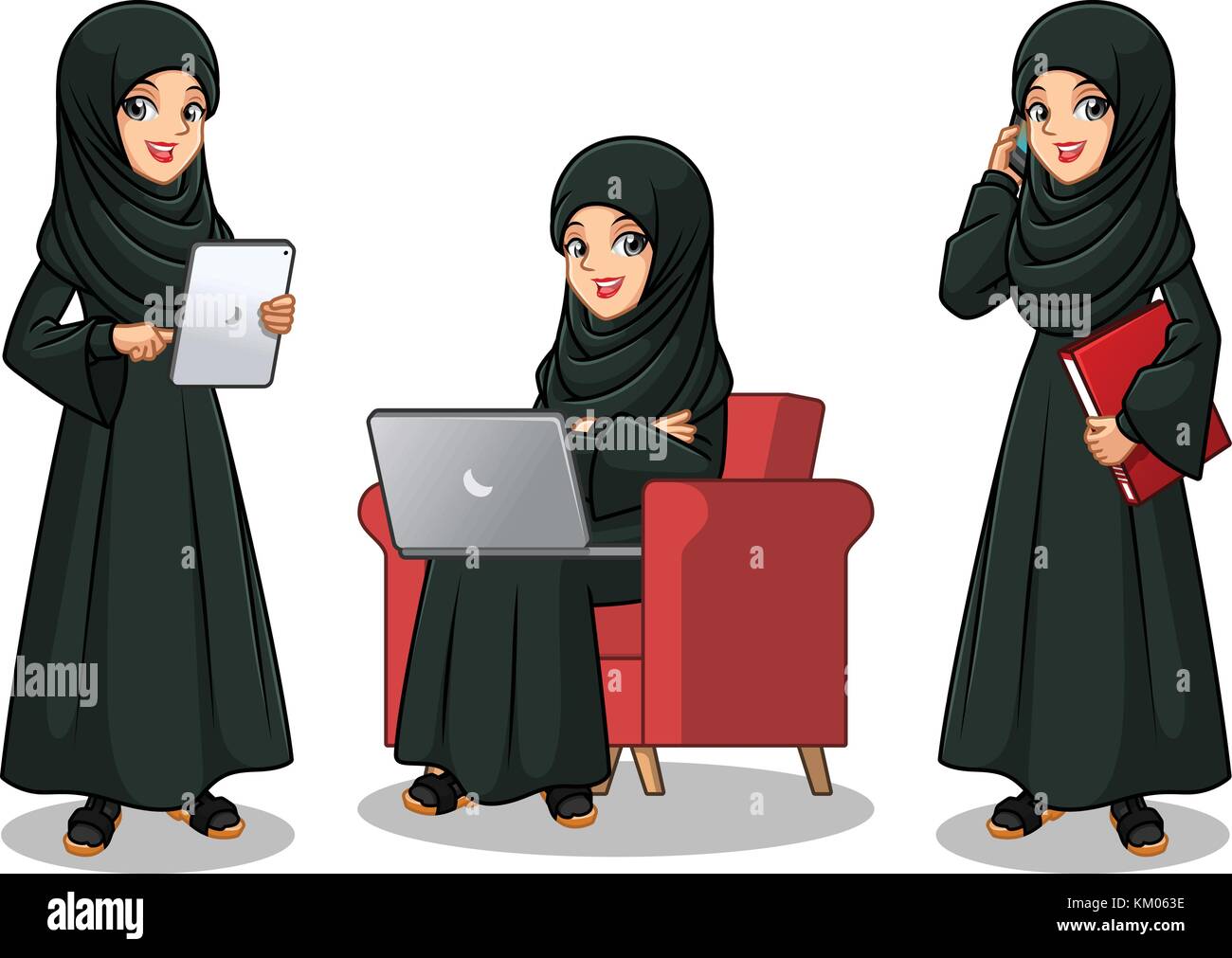 Set of Arab businesswoman in black dress cartoon character design working  on gadgets, tablet, laptop computer, and mobile phone Stock Vector Image &  Art - Alamy