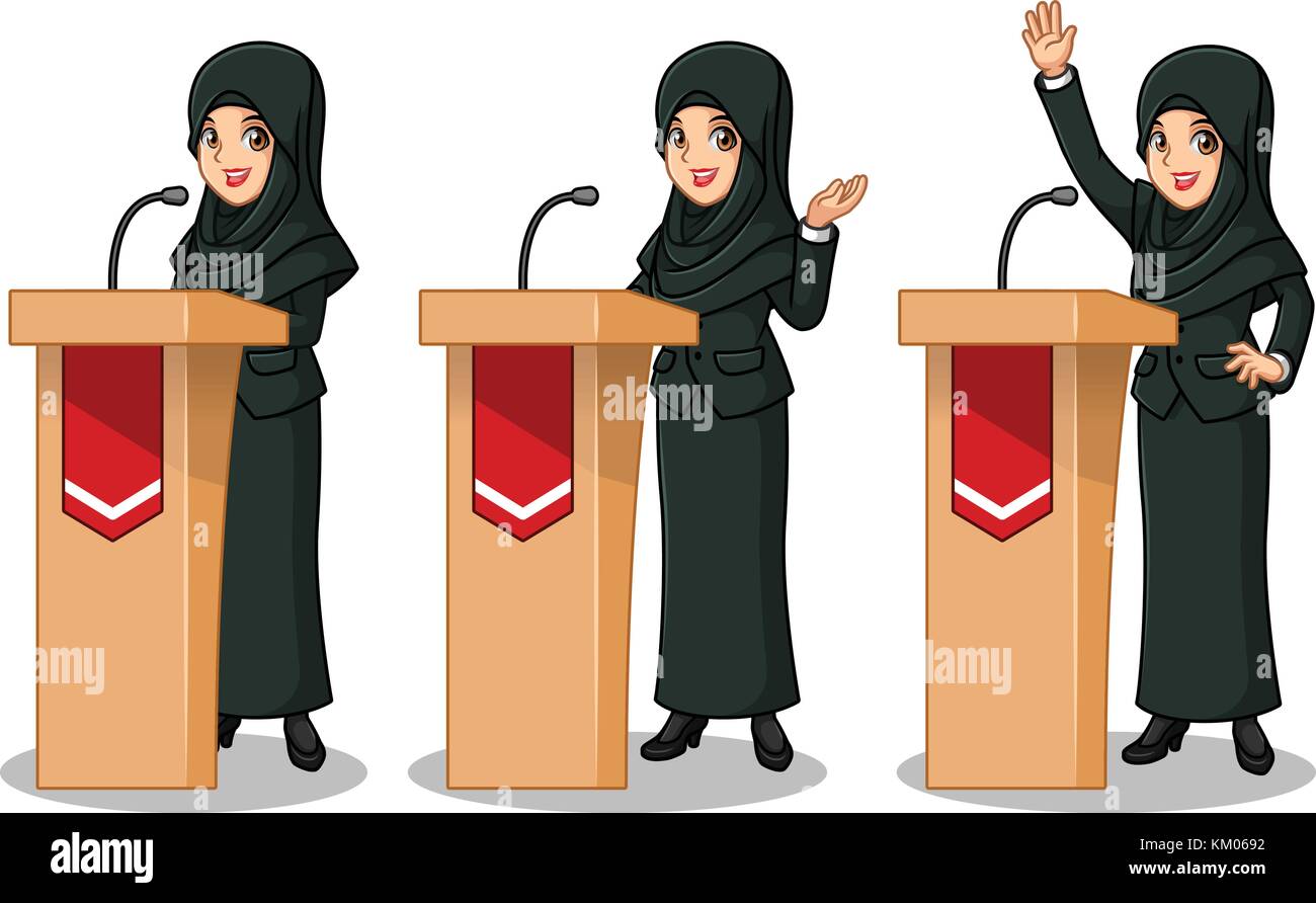 Set of businesswoman in black suit with veil giving a speech behind ...