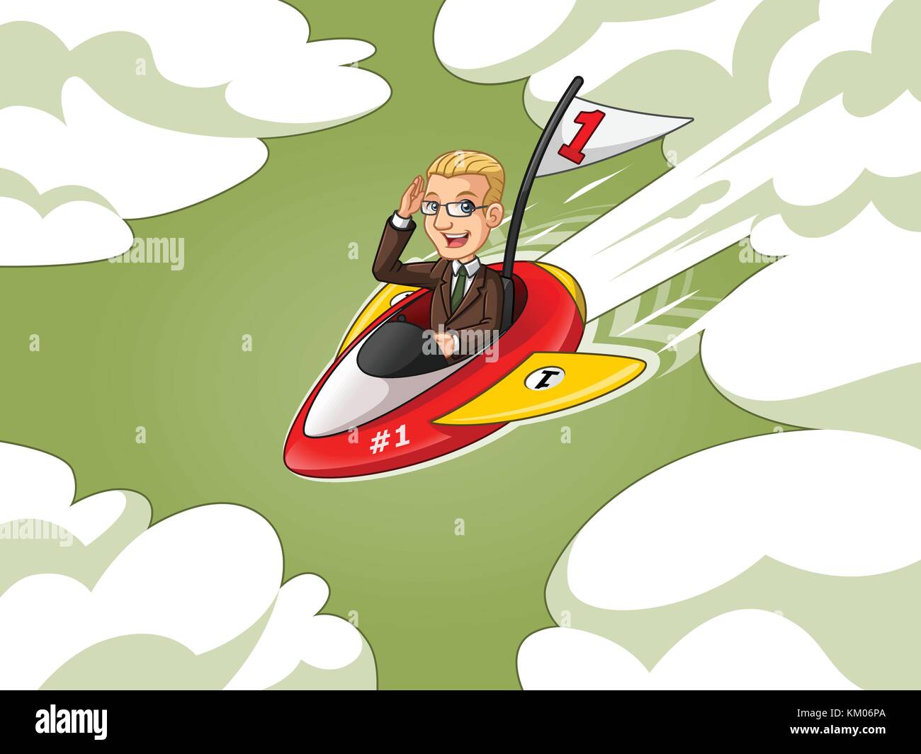 Blonde businessman in brown suit cartoon character design riding a rocket with number one flag flying through the sky, against green background. Stock Vector