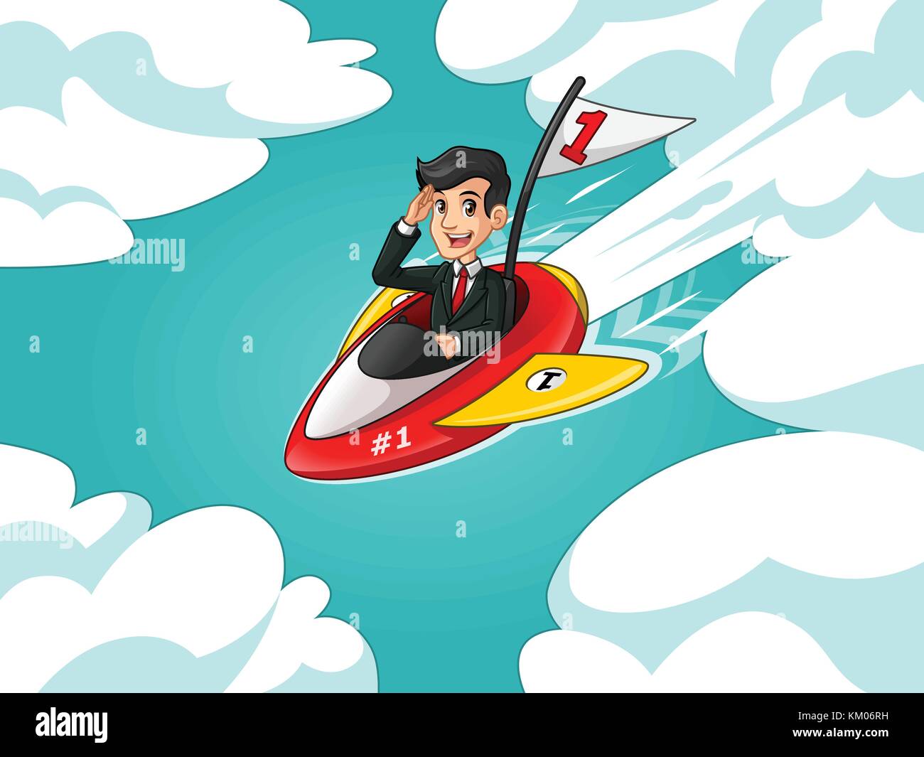 Businessman in black suit cartoon character design riding a rocket with number one flag flying through the sky, against tosca background. Stock Vector