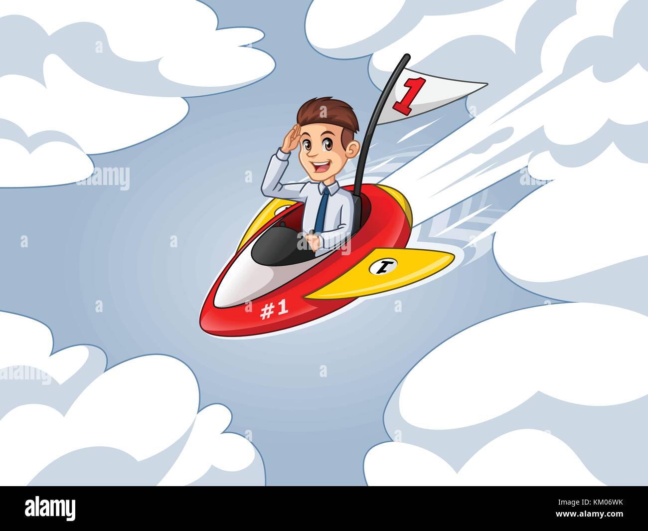 Businessman in shirt cartoon character design riding a rocket with number one flag flying through the sky, against blue background. Stock Vector
