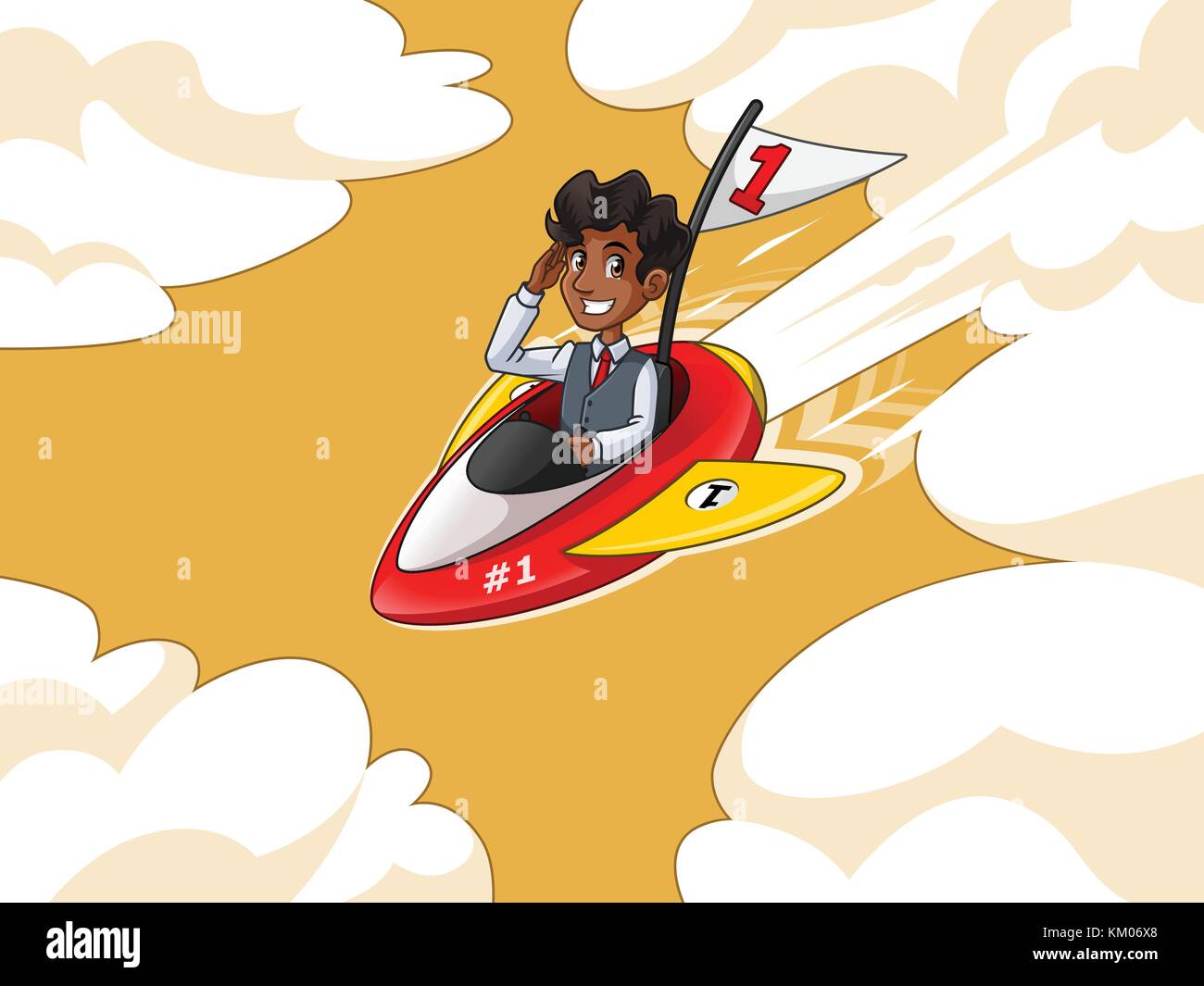 Businessman in vest cartoon character design riding a rocket with number one flag flying through the sky, against yellow background. Stock Vector