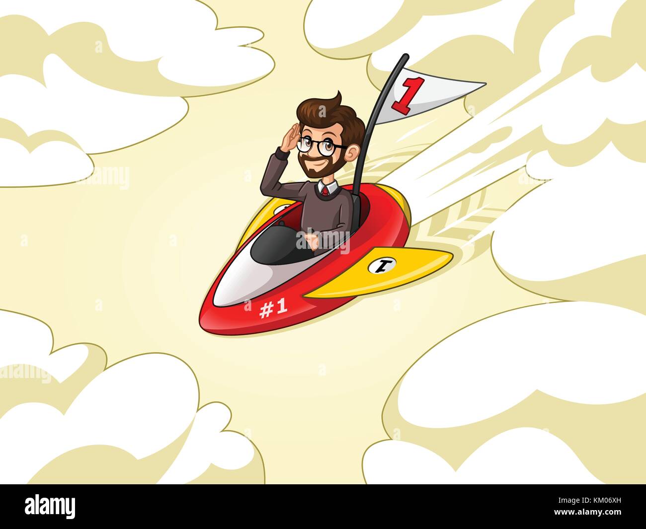 Hipster businessman cartoon character design riding a rocket with number one flag flying through the sky, against cream background. Stock Vector