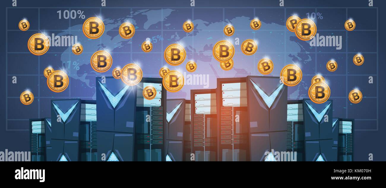 Bitcoin Mining Farm Data Center Over World Map Digital Crypto Stock - 