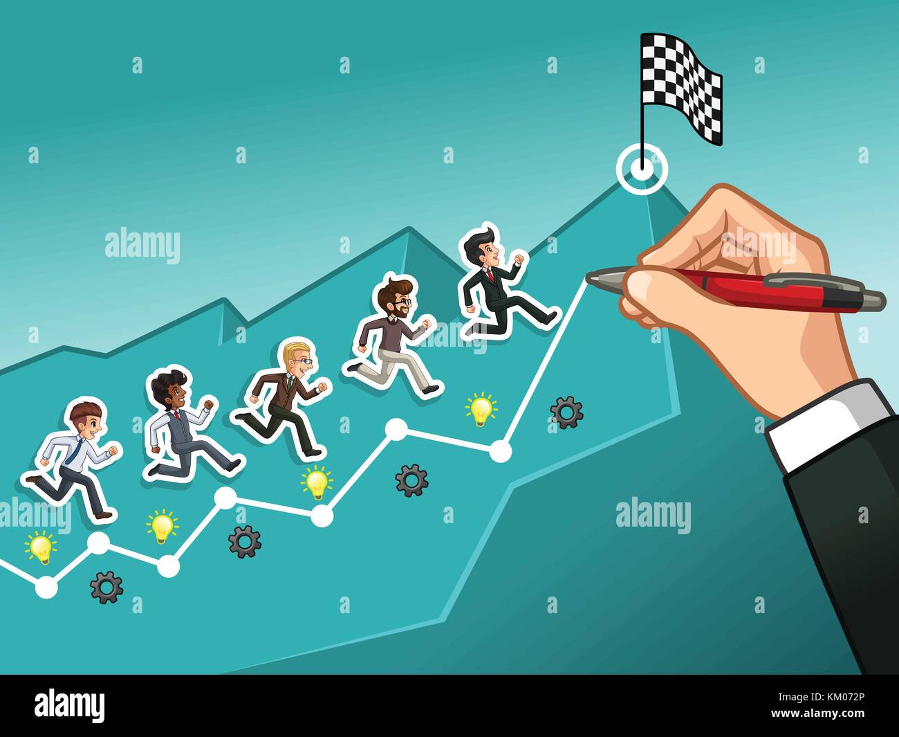 Hand drawing a line leading to the goal, running towards the goal businessman concept, against tosca background. Stock Vector