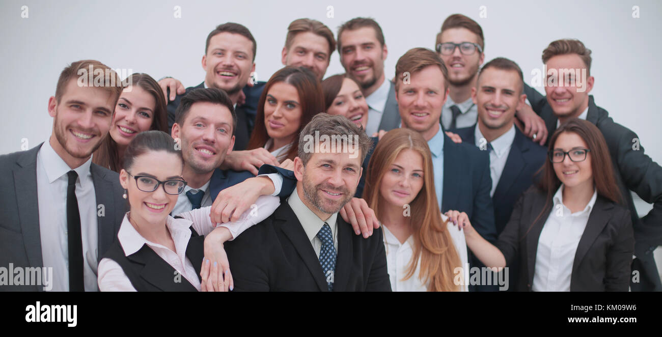 Portrait of smiling business people against white background Stock ...
