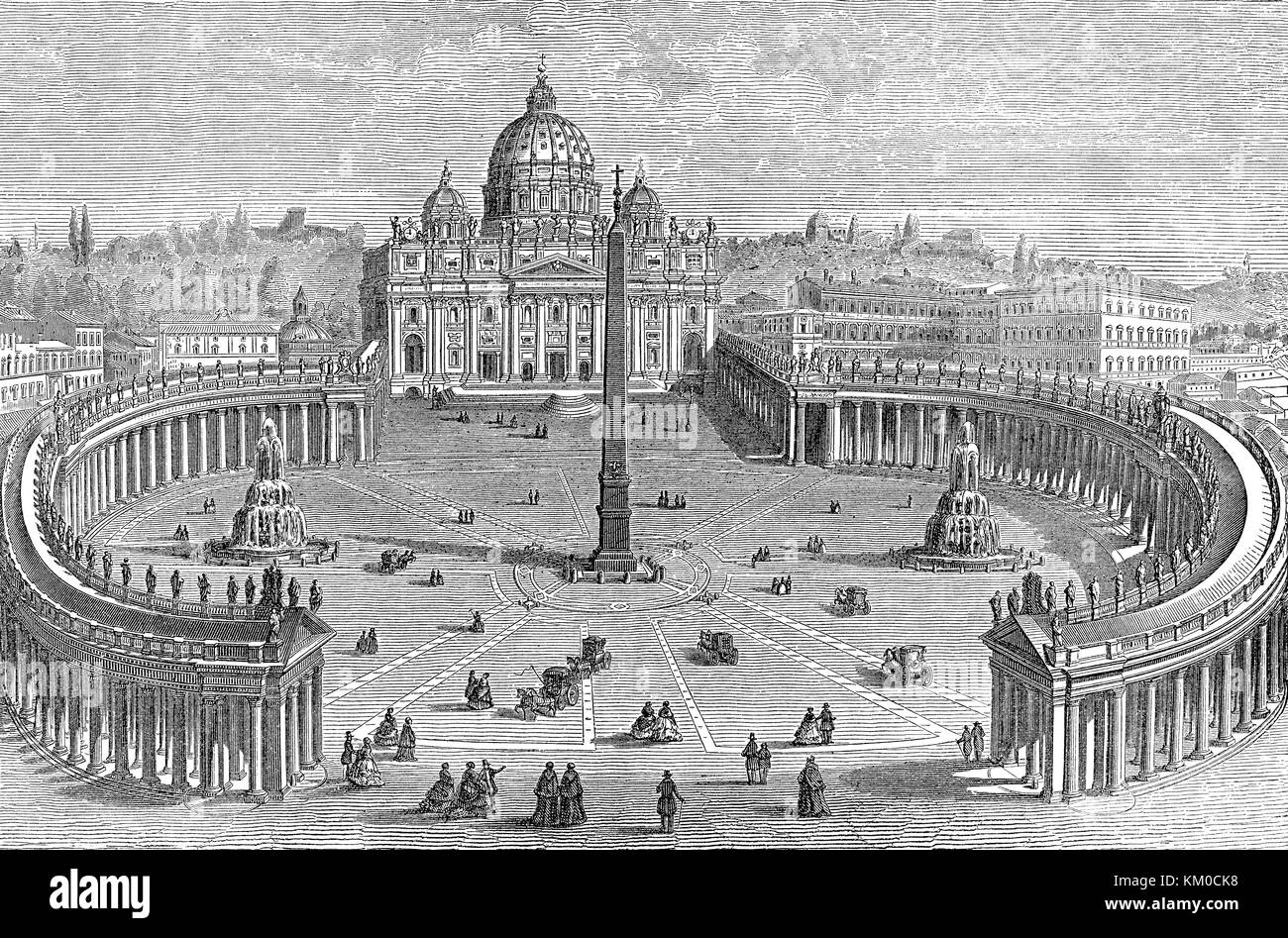 The Papal Basilica of St. Peter in the Vatican and St. Peter's Square in Vatican City, Rome, Italy, 19th Century Stock Photo