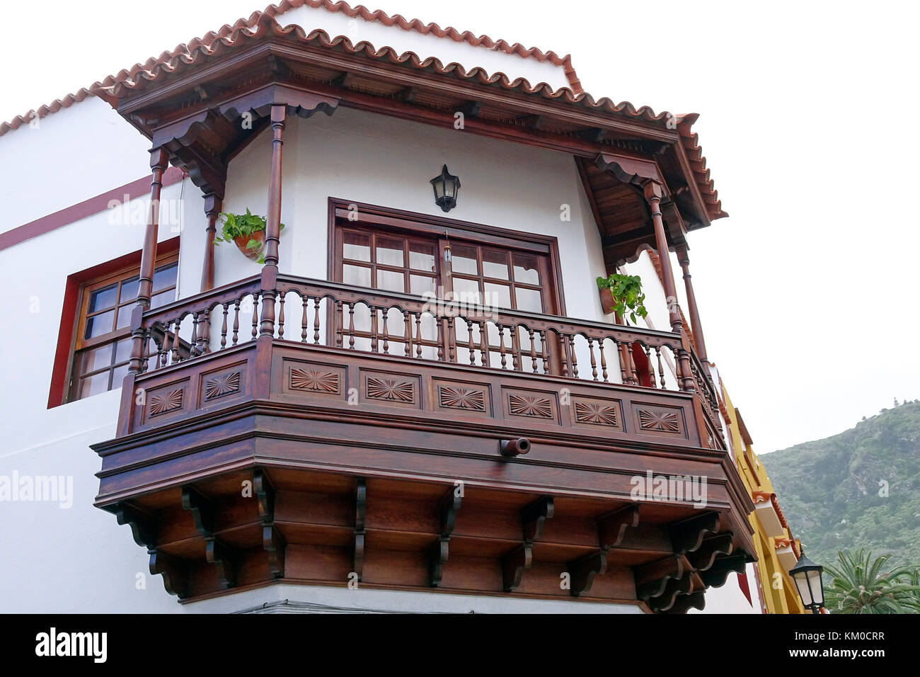Traditional canarian wooden balcony at the village Garachico, north-west coast, Tenerife island, Canary islands, Spain Stock Photo