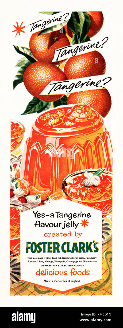 An advert for Foster Clark's tangerine jelly (Jell O). It appeared in a  magazine published in the UK in 1959 Stock Photo - Alamy