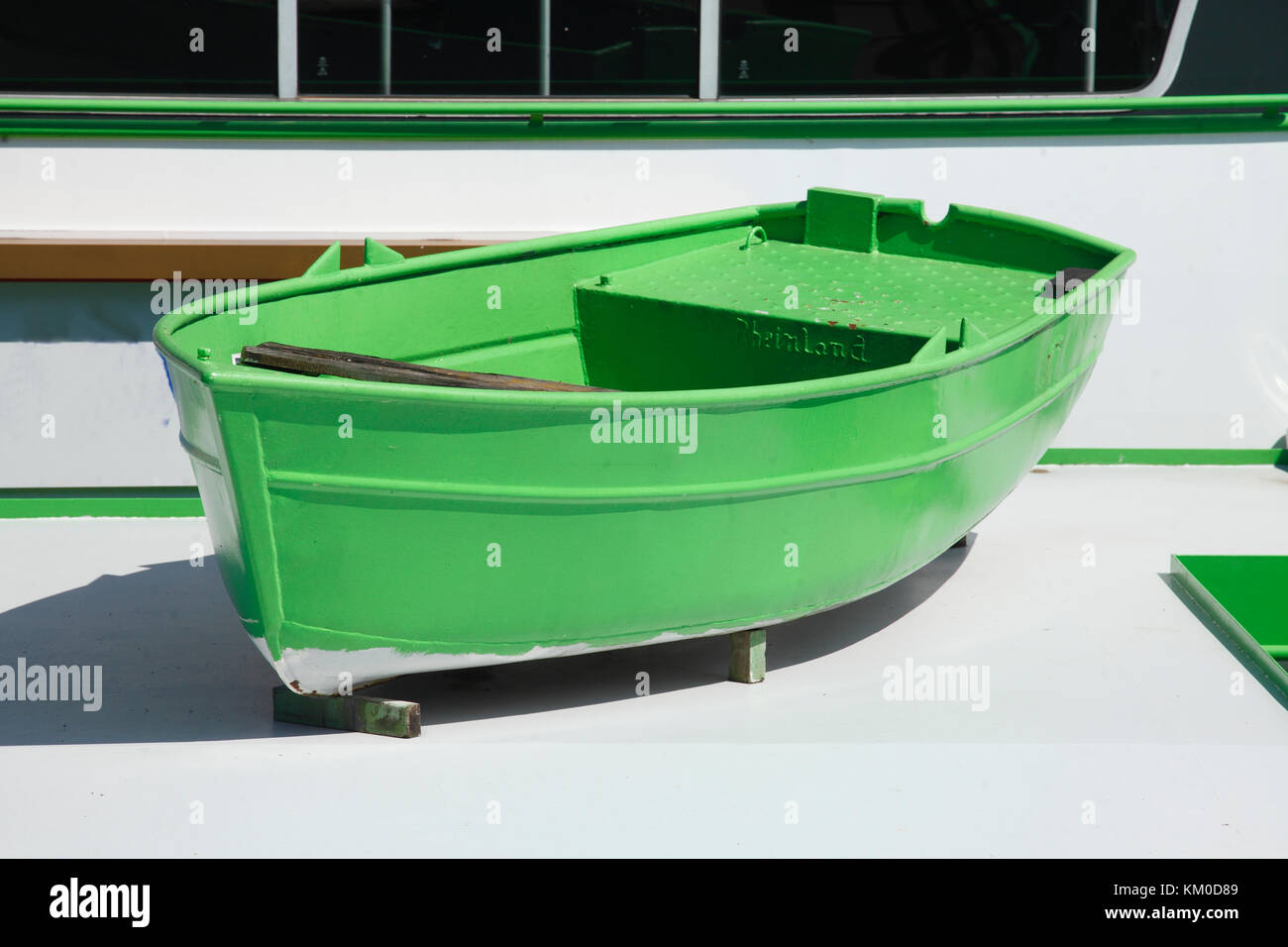 green lifeboat on a Rhine ship Stock Photo
