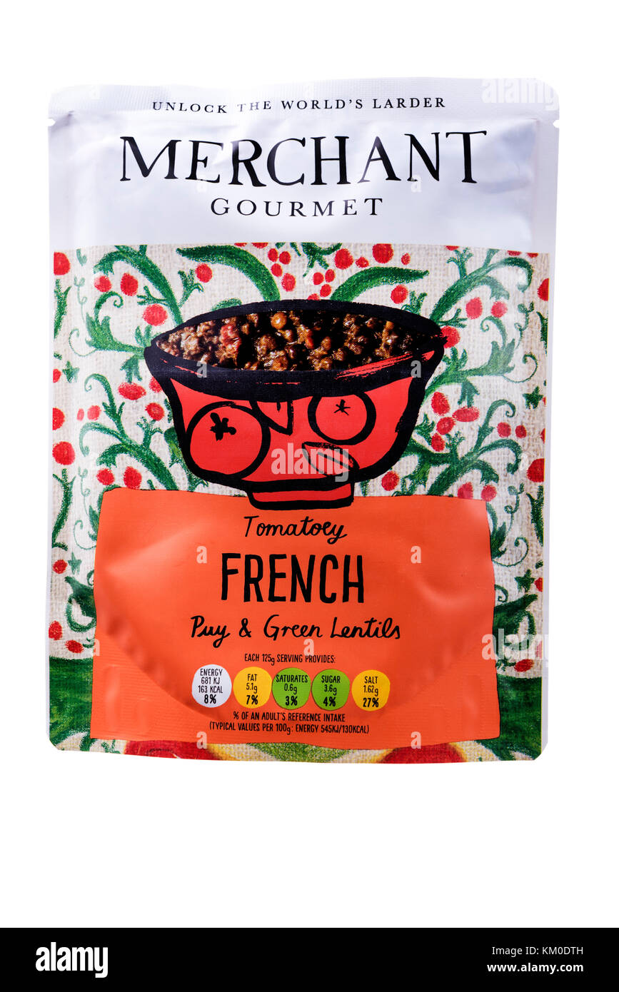 Merchant Gourmet Tomatoey French Puy & Green Lentils, food packaging. Stock Photo