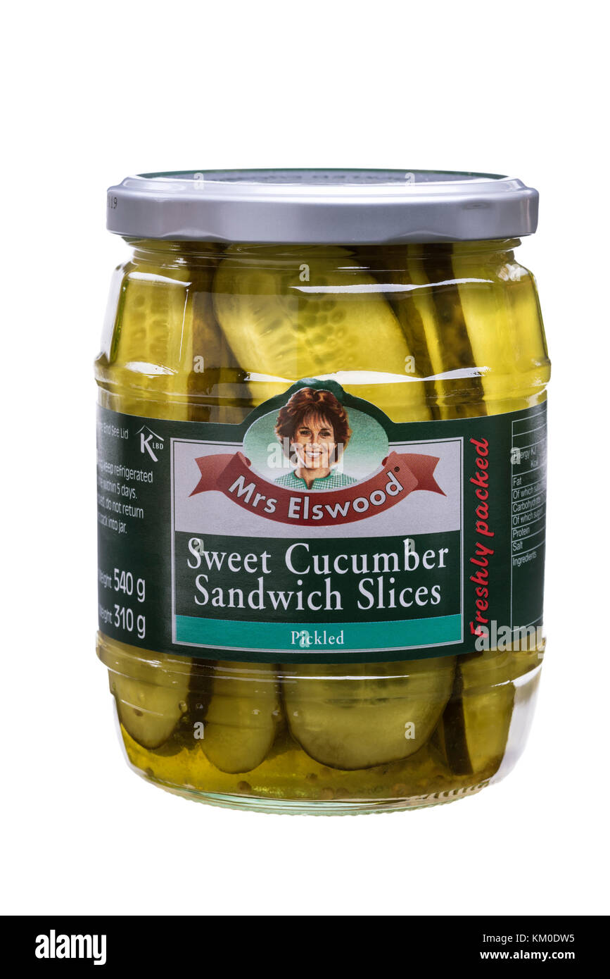 Mrs Elwood, sweet cucumber slices, food packaging, merchandising. Stock Photo