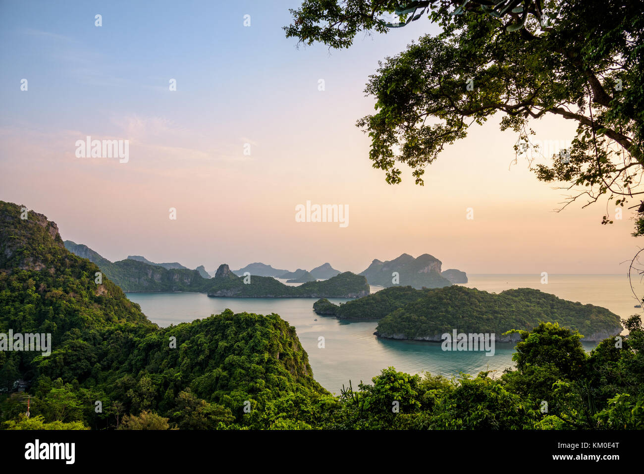 High angle view from Ko Wua Ta Lap island, beautiful nature landscape of sunrise over the sea in Mu Ko Ang Thong National Marine Park is a famous tour Stock Photo