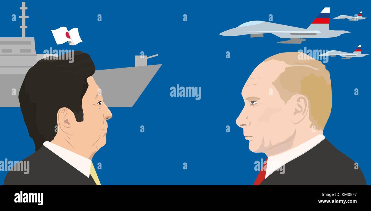 02.12.2017 Editorial illustration of Shinzo Abe and Vladimir Putin portraits. Japan and Russia relations. Stock Vector