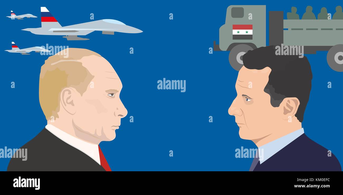 02.12.2017 Editorial illustration of Vladimir Putin and Bashar Asad portraits. Russia and Syria relations. Stock Vector