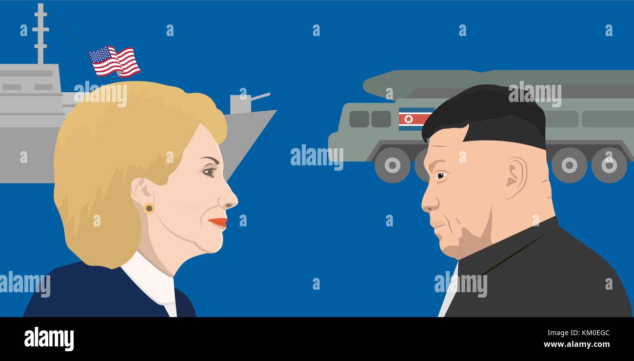 02.12.2017 Editorial illustration of Hillary Clinton and Kim Jong-un portraits. USA and North Korea relations. Stock Vector