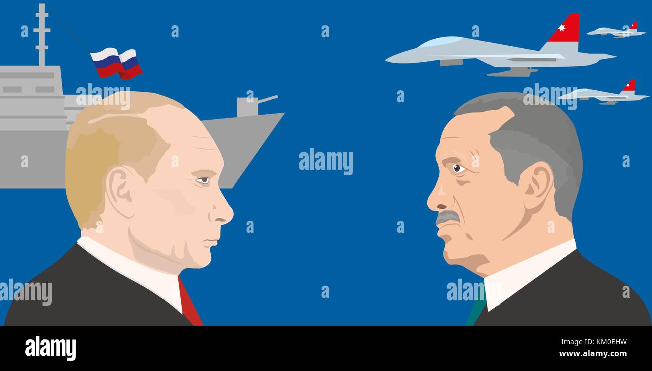 02.12.2017 Editorial illustration of Vladimir Putin and Recep Erdogan portraits. Russia and Turkey relations. Stock Vector
