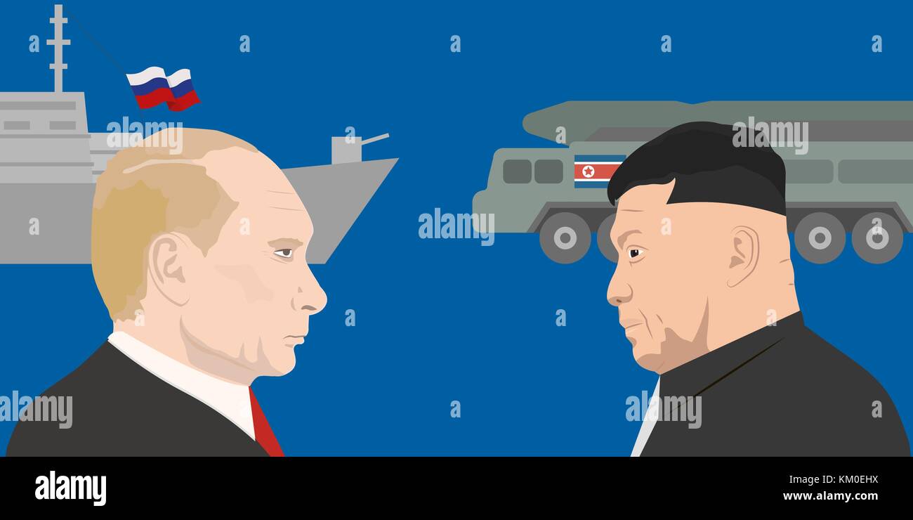 02.12.2017 Editorial illustration of Vladimir Putin and Kim Jong-un portraits. Russia and North Korea relations. Stock Vector