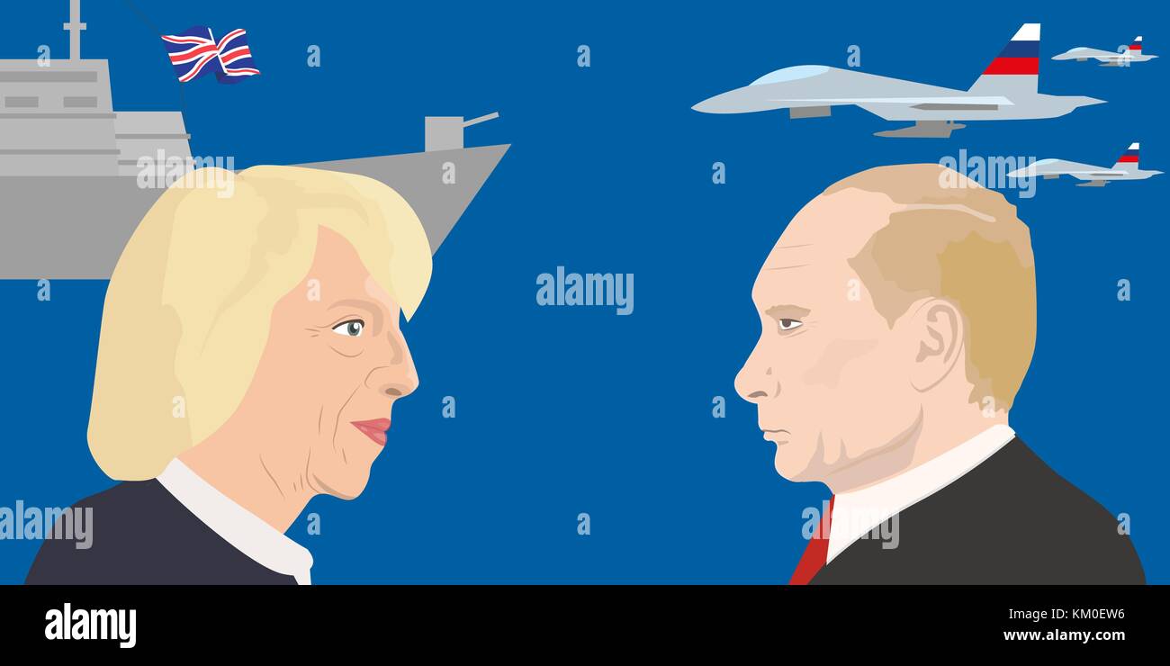 02.12.2017 Editorial illustration of the UK Prime Minister Theresa May and the President of Russian Federation Vladimir Putin. Stock Vector