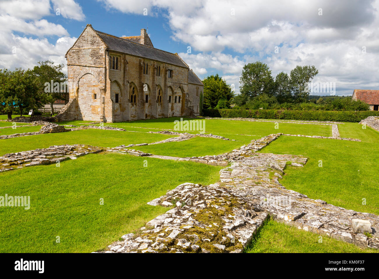 Only the Abbot's House of the former medieval Benedictine abbey and the positions of walls and buildings remain in Muchelney, Somerset, England, UK Stock Photo