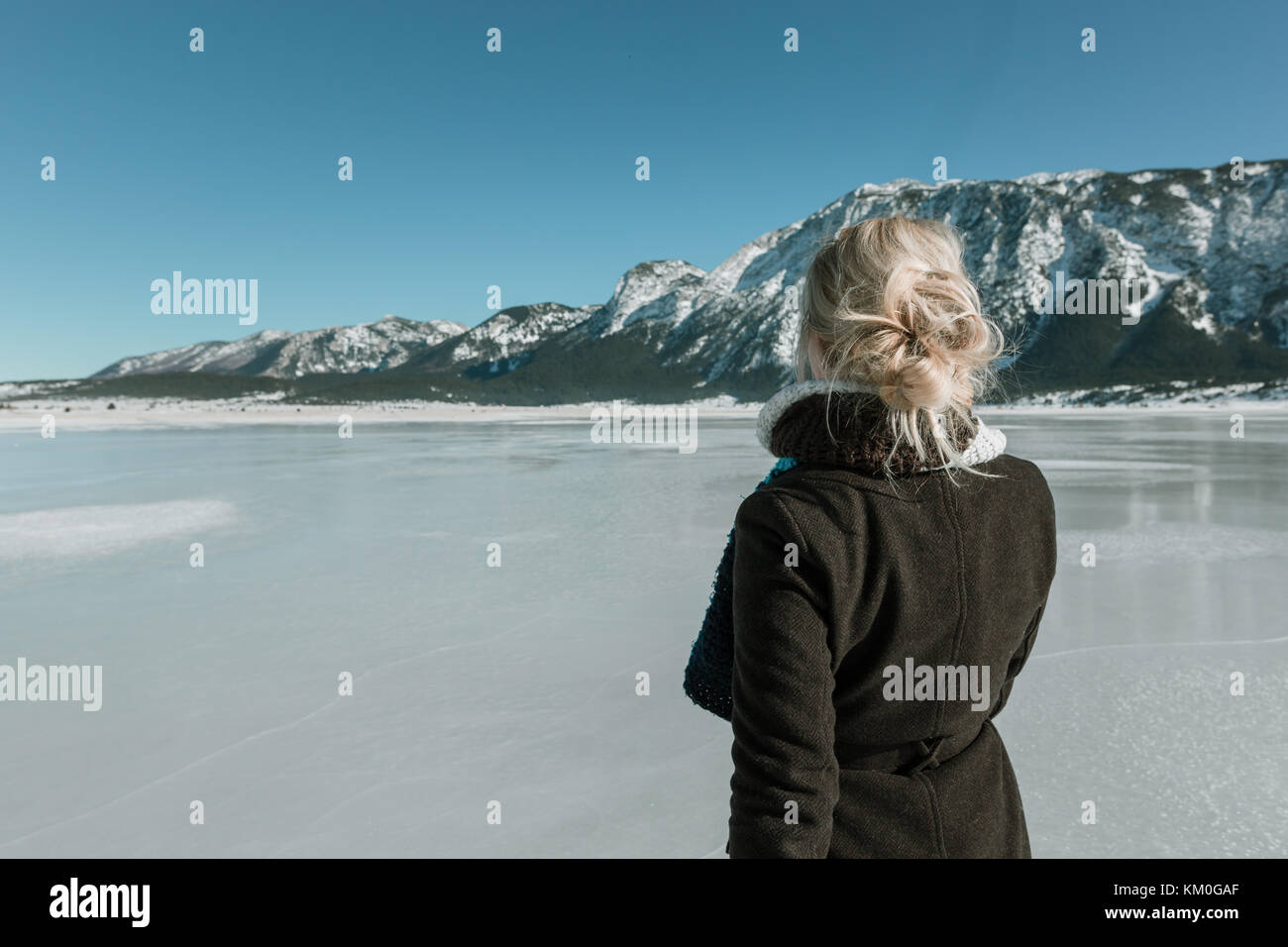 rear view of woman looking at mountain and frozen lake Stock Photo - Alamy