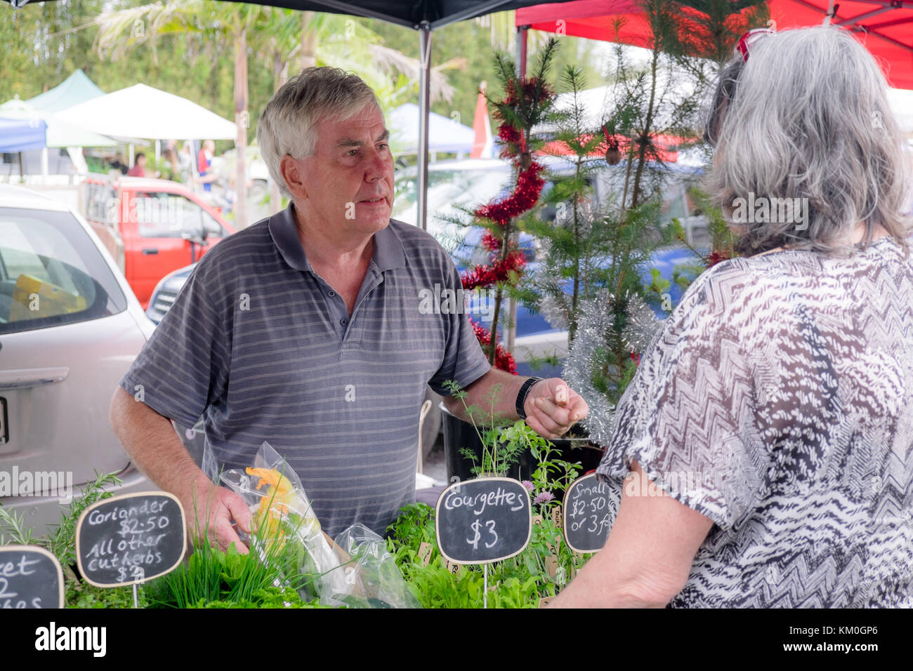 Senior male serving female customer at farmers market stall for organic produce, with Christmas tree and tinsel in background. Photographed in Keriker Stock Photo