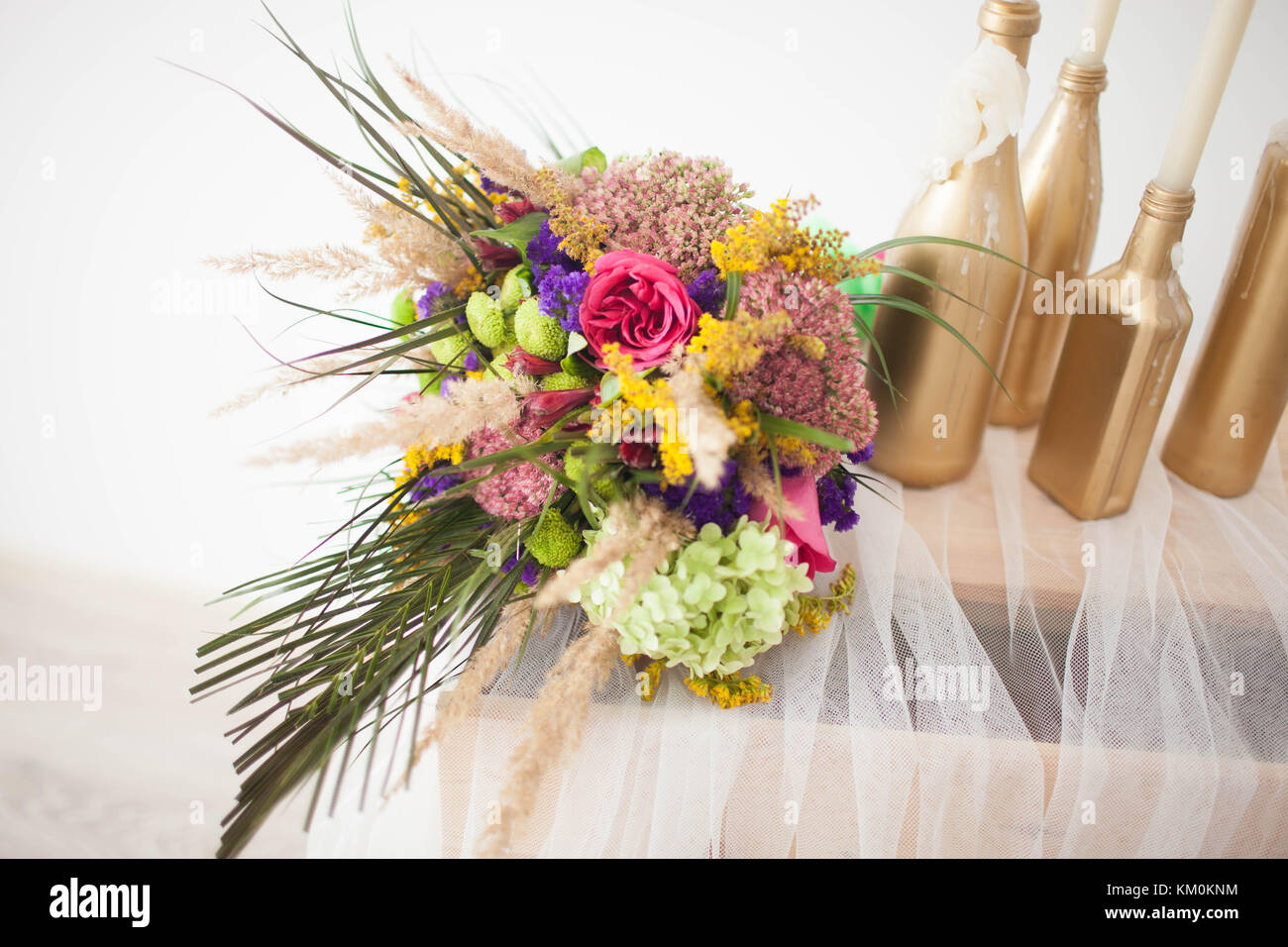 wedding bouquet on his dresser Stock Photo