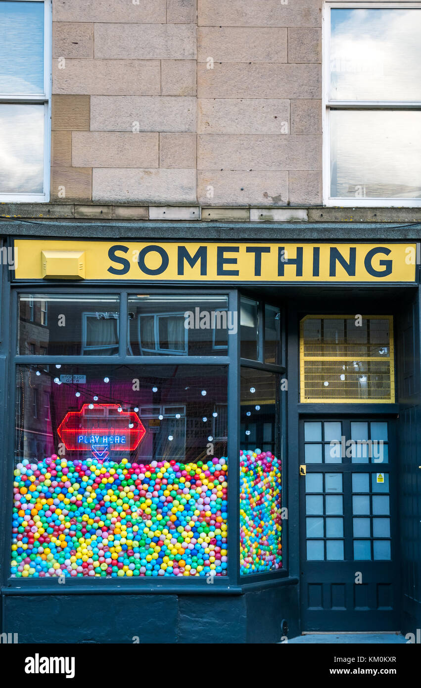 Quirky business front Something Something, creative agency and production company, Somewhere, Leith, Edinburgh, Scotland, UK, with coloured balls Stock Photo