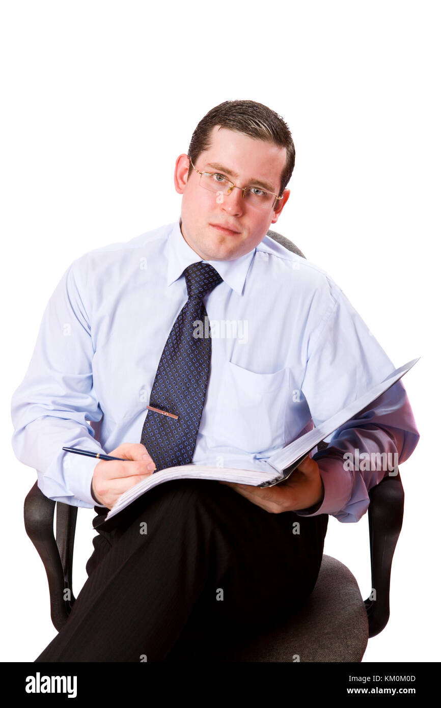Business man holding folder with reports isolated on white Stock Photo